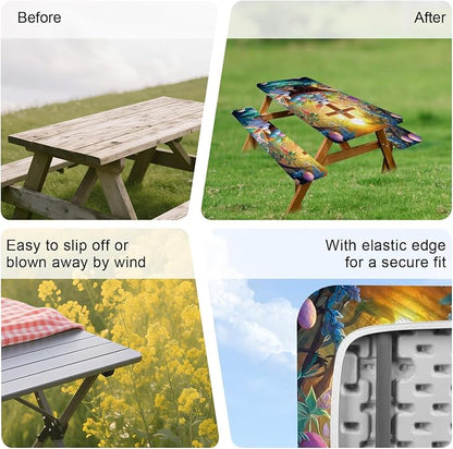 Picnic Table Cover with Bench Covers 72in,Waterproof Windproof Fitted Tablecloth,Easter Bunny with Cross Design for Easter,Camping Essentials with Drawstring Bag for Patio,Park & Backyard