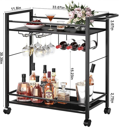 Joaxswe Bar Cart w/Wheels,2 Tier Home Bar Serving Cart,Vintage Black | Rolling Beverage Cart w/ Wine Rack and Glass Holder,Modern Wine Cart w/ Storage Shelves for Kitchen, Living Room,Dinning Room