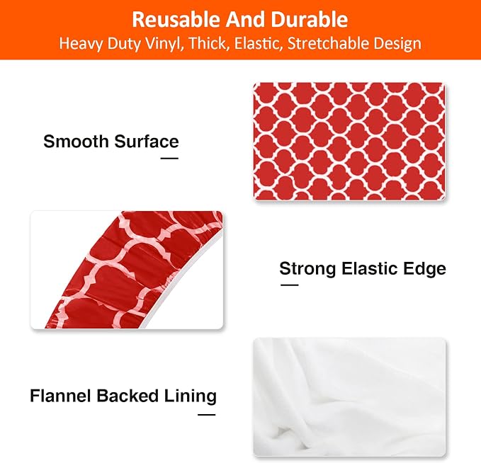 KENOBE 8ft 96in Picnic Table and Bench Cover, 3 Pack, Red-White Moroccan | Waterproof, Windproof, Elastic Fitted Edges Tablecloth, for Rectangle Table & Seat, Camping Essentials RV Gear