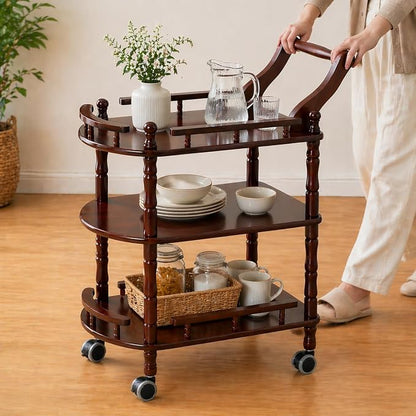 Entertainment Kitchen Cart, Midcentury Modern Imported rubberwood Brown Finished Wood 3-Tier Mobile Bar Cart Serving Cart