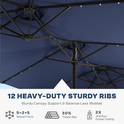 15FT Large Outdoor Patio Umbrella with Solar Lights and Base, Double-Sided Table Umbrellas with 48 LED Lights, Rectangle Market Umbrella for Pool, Deck, Backyard