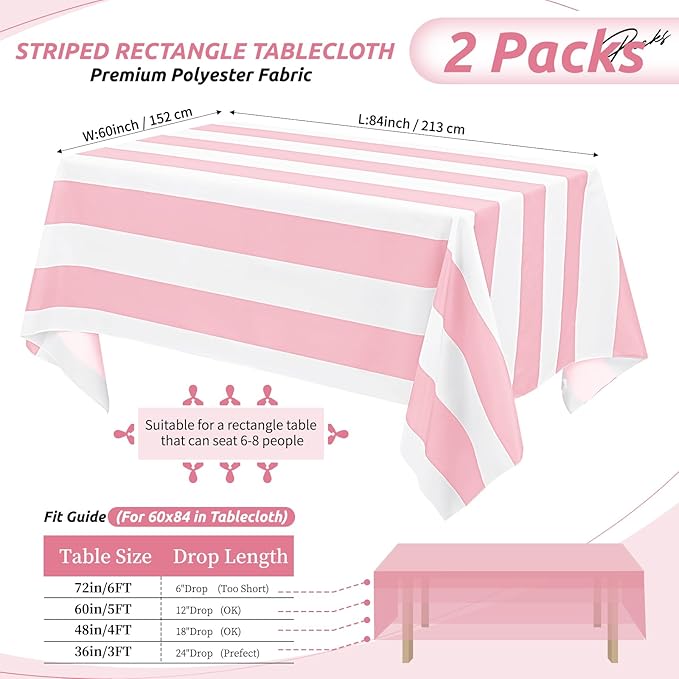 2 Pack Pink and White Striped Tablecloth Rectangle 60x84inch Polyester Fabric Washable Table Cloth for Afternoon Tea Birthday Party Picnic Barbecue Gathering Indoor Outdoor Dining Table Decor