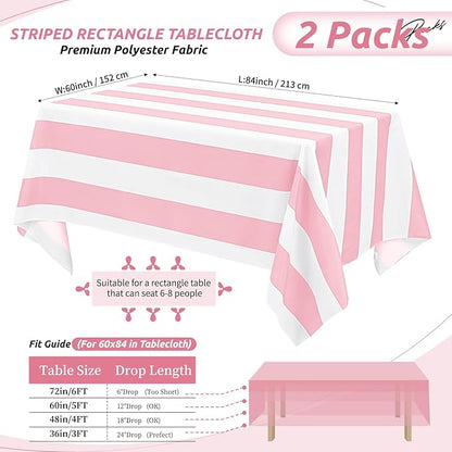 2 Pack Pink and White Striped Tablecloth Rectangle 60x84inch Polyester Fabric Washable Table Cloth for Afternoon Tea Birthday Party Picnic Barbecue Gathering Indoor Outdoor Dining Table Decor