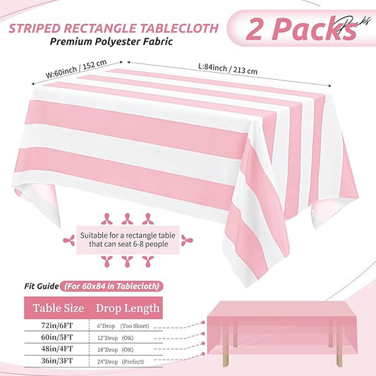 2 Pack Pink and White Striped Tablecloth Rectangle 60x84inch Polyester Fabric Washable Table Cloth for Afternoon Tea Birthday Party Picnic Barbecue Gathering Indoor Outdoor Dining Table Decor
