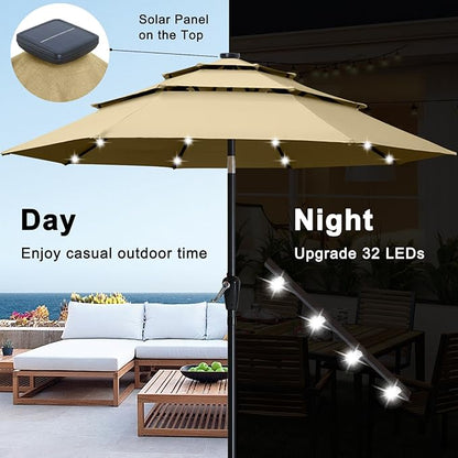 ABCCANOPY 3-Tiers 10FT Solar Patio Umbrella, Outdoor Umbrella with 32 LED Lights for for Deck, Pool, Garden, Backyard (Khaki)