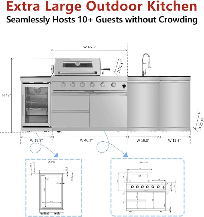 104in Oversized Modular Outdoor Kitchen Bar, 4 Burner 72000 BTU Deluxe Stainless Steel Gas Barbecue Island Kitchen for Backyard w BBQ Grill, Refrigerator, Rotisserie Kit, Countertops, Cabinets, Sink