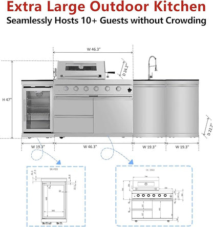 104in Oversized Modular Outdoor Kitchen Bar, 4 Burner 72000 BTU Deluxe Stainless Steel Gas Barbecue Island Kitchen for Backyard w BBQ Grill, Refrigerator, Rotisserie Kit, Countertops, Cabinets, Sink