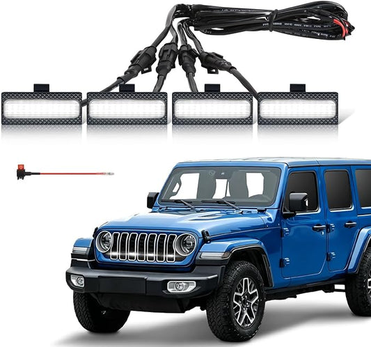 Grill Lights for Jeep Wrangler JL - FICOLPO 4PCS LED Front Grill Lights for Jeep Wrangler JL JLU 2024 2025 2026 Rubicon Sahara Front Bumper Grille Lights with Fuse Adapter & Harness (White Light)