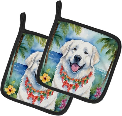 Caroline's Treasures Great Pyrenees Luau Pair of Pot Holders Kitchen Heat Resistant Pot Holders Sets Oven Hot Pads for Cooking Baking BBQ, 7 1/2 x 7 1/2