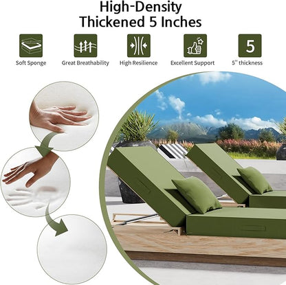 Outdoor Water-Resistant Olefin Chaise Lounge Cushions with Pillow, Weather and Fade Resistant Patio Furniture Lounge Chair Cushion Ideal for Patio, Lawn, Garden, Matcha, 80" L x 26" W x 5" T