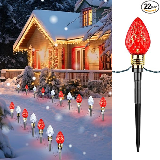 Brightown 2 Pack Strawberry C9 Christmas Pathway Lights Outdoor - Total 34.8 Feet 20 LED Christmas Walkway Light, Christma Light Outdoor Decorations for Yard Lawn Holiday Outside, Red & Pure White