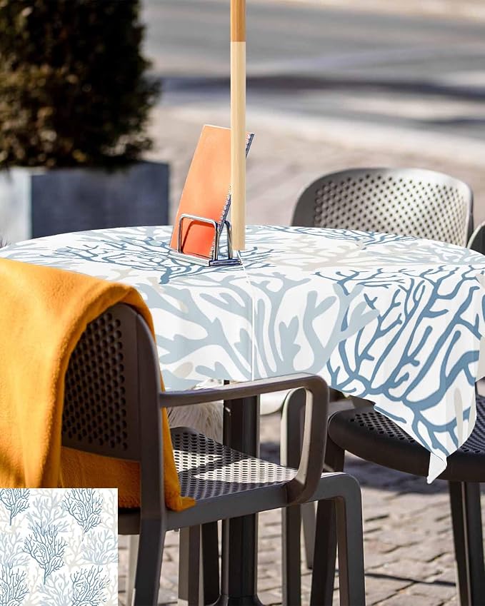 Blue Grey Coral Coastal Outdoor Tablecloth - 60x60 Inch Square Waterproof Dining Table Cover, Summer Beach Seaside Nautical Outdoor Table Cloth with Umbrella Hole & Zipper for Picnic/Patio