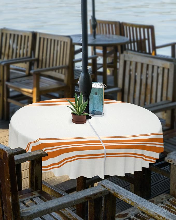 Queenker Fall Outdoor Tablecloth with Umbrella Hole, Farmhouse Orange Stripe Round Tables Zippered Table Cloth Waterproof Tabletop Cover Collection for Patio, Garden, Picnic, Camping, Dining, Dining