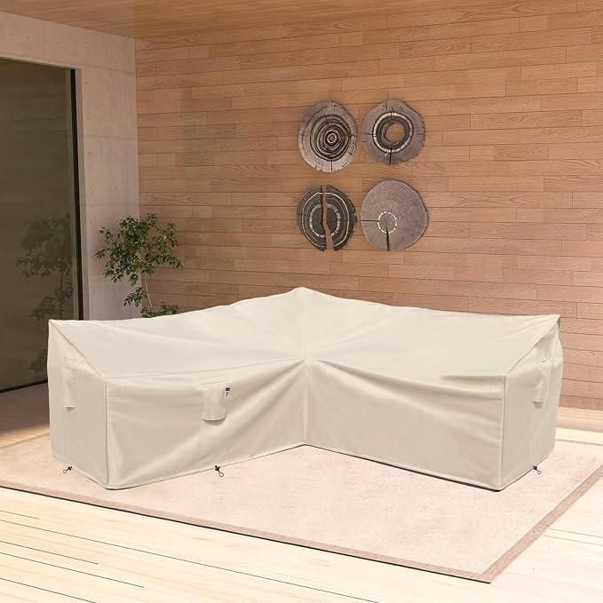 Outdoor Sectional Cover, Heavy Duty Patio Furniture Cover, 85"X85" 5-Seater Waterproof 600D Patio Sectional Covers, 7 FT V-Shaped L-Shape Lawn Outdoor Furniture Covers, Natural Beige