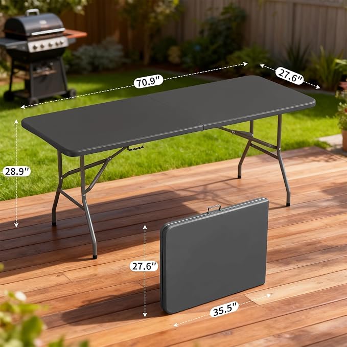 BestOffice 6 FT Picnic Table, Portable Plastic Folding Table with Carrying Handle Perfect for Picnics, Parties, Party and Camping, Grey