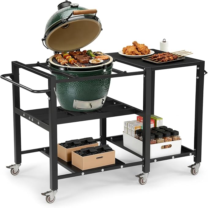 Outdoor Grill Table for Big Green Egg, BBQ Cart with Lockable Wheels | Suitable for Various Sizes of Green Egg Nest Grill Racks, Storage Rack & Bottle Opener, Prep Cooking Station for Party, Black