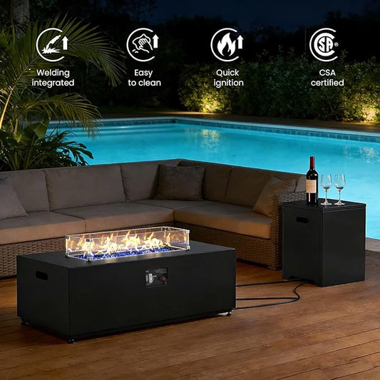 42 Inch Gas Fire Pit Table, 55,000 BTU Propane Fire Pits for Outside with Aluminum Lid and Waterproof Cover, 2 in 1 Firepit Table