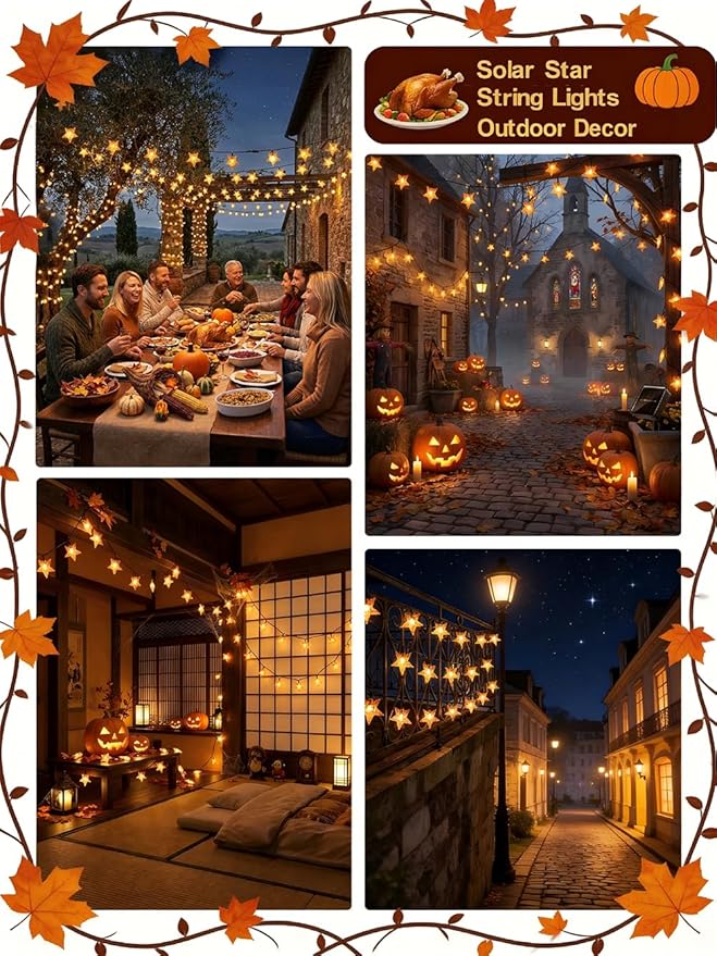 Solar Twinkle Star String Lights Outdoor Indoor Waterproof 39FT 100 LED Solar Powered Fairy Lights with 8 Lighting Modes Thanksgiving Decor for Camping Tree Party Yard Wedding Garden Orange