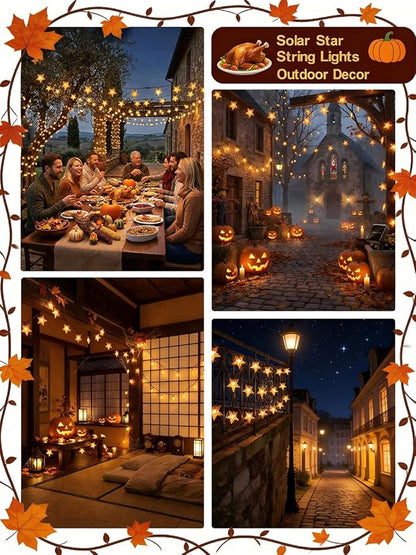 Solar Twinkle Star String Lights Outdoor Indoor Waterproof 39FT 100 LED Solar Powered Fairy Lights with 8 Lighting Modes Thanksgiving Decor for Camping Tree Party Yard Wedding Garden Orange