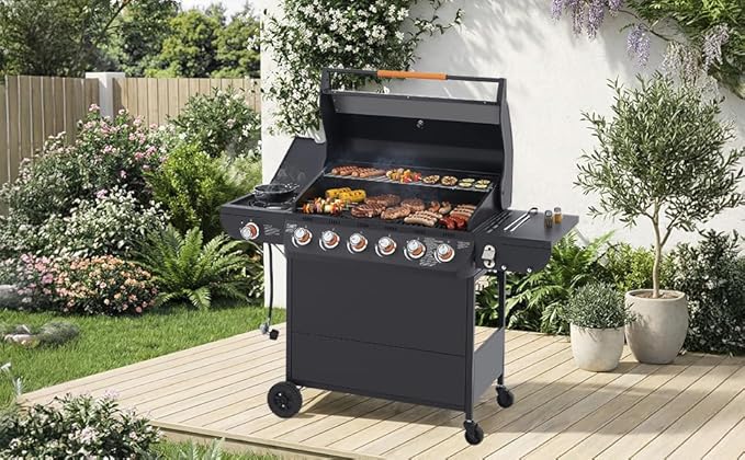Outdoor Gas Grill with 6 Burners & Side Burner 59000 BTU Stainless Steel BBQ Grill Enamel-Coated Grates Side Tables for Backyard Patio Cooking Charcoal Grills & Smokers,A2
