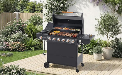 Outdoor Gas Grill with 6 Burners & Side Burner 59000 BTU Stainless Steel BBQ Grill Enamel-Coated Grates Side Tables for Backyard Patio Cooking Charcoal Grills & Smokers,A2