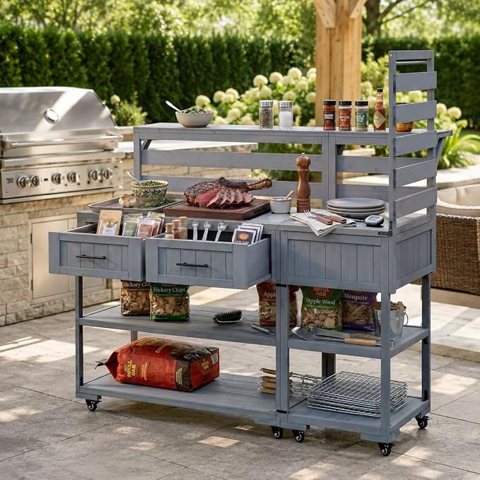 Outdoor Kitchen Cart with Stainless Steel Top, 62.3 Inch | Fir wood frame, stainless surface, raised shelf, fixed shelf, 2 lockable wheels, split-use design, BBQ prep, patio garden use