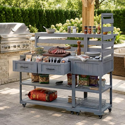 Outdoor Kitchen Cart with Stainless Steel Top, 62.3 Inch | Fir wood frame, stainless surface, raised shelf, fixed shelf, 2 lockable wheels, split-use design, BBQ prep, patio garden use