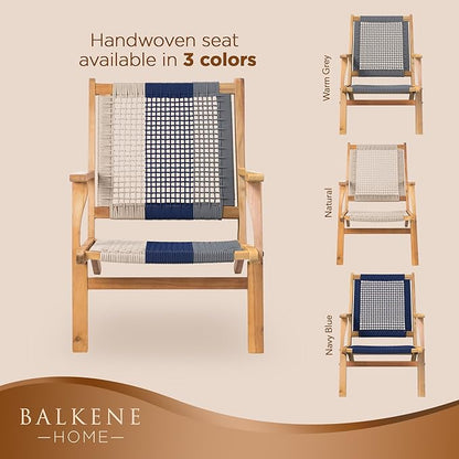 Vega Acacia Wood Outdoor Reclining Chair, Navy Blue Web Seat | 63634 Mid Century Woven Web Seat, Weather Resistant Natural Stain Finish, Lounge Armchair for Patio, Deck, Garden, Lawn