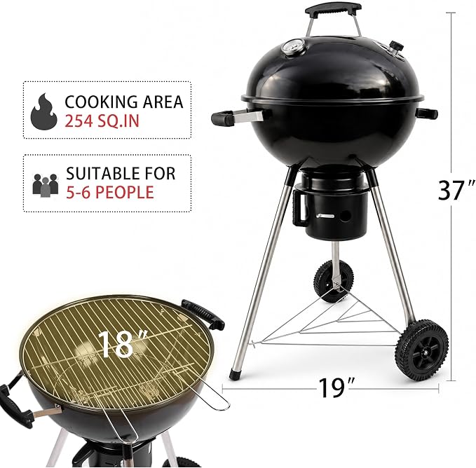 18-Inch Kettle Charcoal Grill with Cover & Wheels | Easy Assembly, Built-in Thermometer, Removable Ash Catcher, Perfect for Backyard BBQ, Patio & Family Cookouts