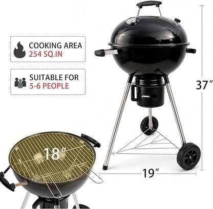 18-Inch Kettle Charcoal Grill with Cover & Wheels | Easy Assembly, Built-in Thermometer, Removable Ash Catcher, Perfect for Backyard BBQ, Patio & Family Cookouts