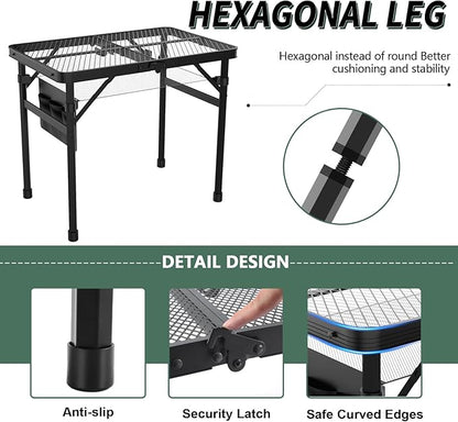 WildFinder Folding Table, 2x1.3 FT Camping Table with Mesh Desktop,Folding Grill Table with Mesh Bag,Portable Outdoor for Picnic,Camping,BBQ,Beach(Black)