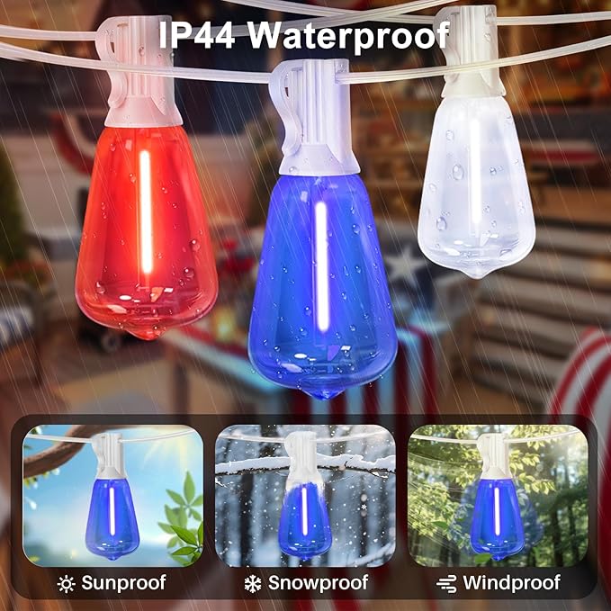 LAMPHOME 26Ft ST38 Red White Blue LED String Lights, Patriotic Red White and Blue Lights Outdoor Shatterproof Patio Lights, 12+1 Edison Bulbs 4th of July Lights for Independence Day Decor