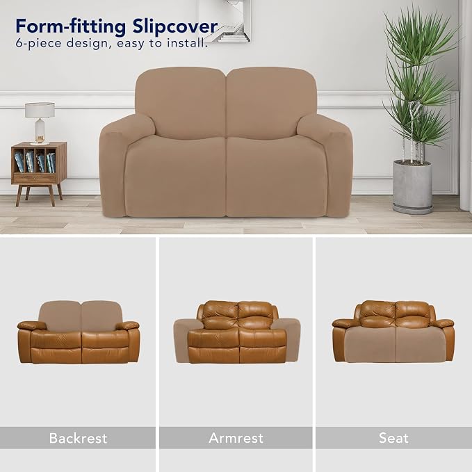 PureFit Super Stretch Loveseat Recliner Sofa Couch Cover with Pocket | 2 Seats Non Slip Soft Sofa Slipcover, Washable Reclining Furniture Protector for Kids, Pets (Recliner Loveseat, Camel)
