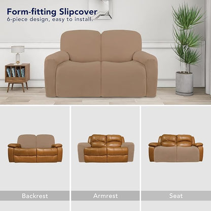 PureFit Super Stretch Loveseat Recliner Sofa Couch Cover with Pocket | 2 Seats Non Slip Soft Sofa Slipcover, Washable Reclining Furniture Protector for Kids, Pets (Recliner Loveseat, Camel)