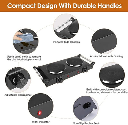 Electric Hot Plate for Cooking, 2000W Portable Cooking Stove Countertop Dual Burner Cooktop, Adjustable Temperature Control for All Cookwares Home Camp RV, Easy to Clean (Black)