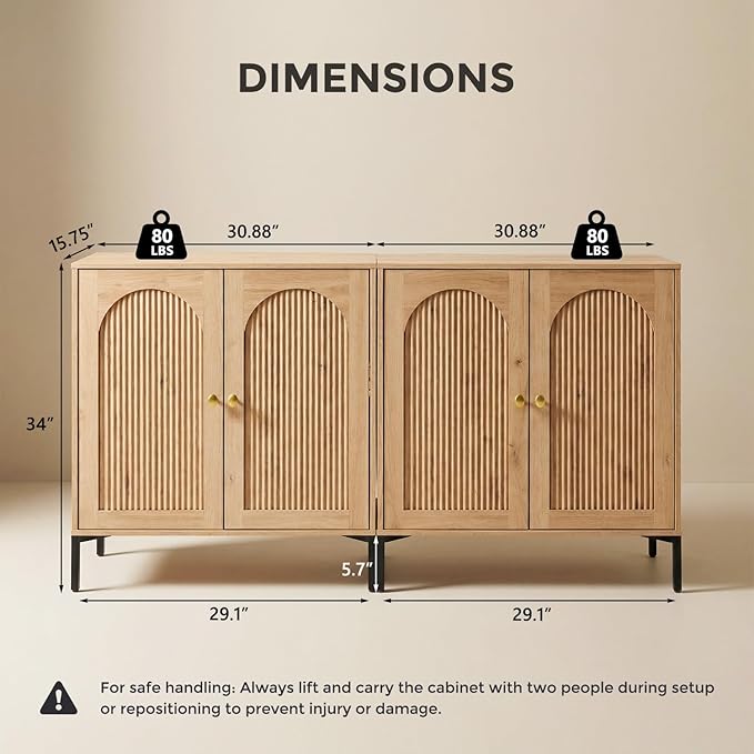 IFBUY Modern Sideboard Buffet Cabinet, 123.5" W Fluted Arched Buffet Cabinet with Storage and Adjustable Shelves, Wooden Modular Coffee Bar Cabinets for Kitchen, Entryway, Natural