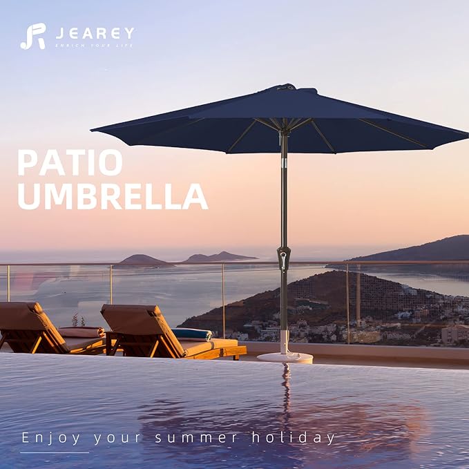 JEAREY 9FT Outdoor Patio Umbrella Outdoor Table Umbrella with Push Button Tilt and Crank, Market Umbrella 8 Sturdy Ribs UV Protection Waterproof for Pool, Garden (Navy)