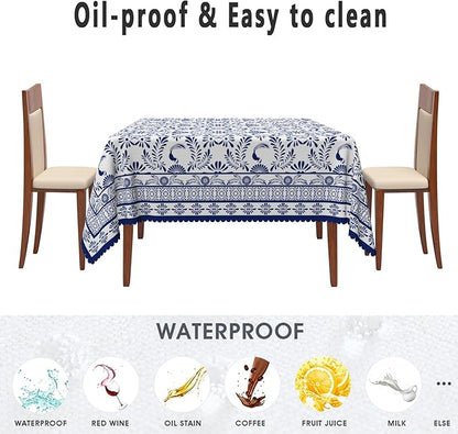 Ethnic Floral Square Table Cloths 60x60 Inch Blue Flowers Plants Chic Wrinkle Oil-Proof Resistant Table Cover Folk Style Tablecloths for Indoor Outdoor Kitchen Dining Party Restaurant