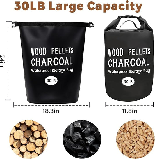 30LB Waterproof Wood Pellet Storage Bag 2 Pack, Heavy Duty 500D PVC Charcoal Grill Pellet Bag with Dual Shoulder Straps & Carry Handles, Foldable BBQ Fuel Storage with Buckle Seal, Label Pocket Scoop