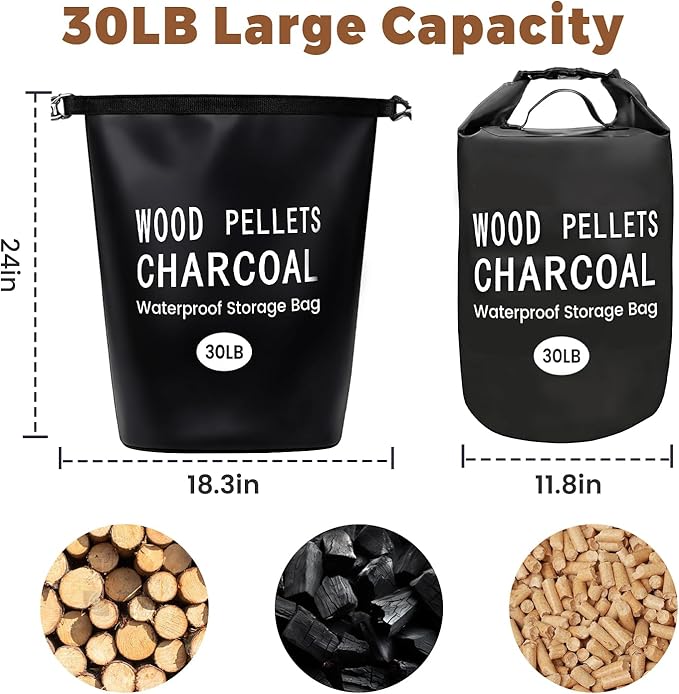 30LB Waterproof Wood Pellet Storage Bag, Heavy Duty 500D PVC Charcoal & Grill Pellet Bag with Dual Shoulder Straps & Carry Handles, Foldable BBQ Fuel Storage with Buckle Seal, Label Pocket & Scoop