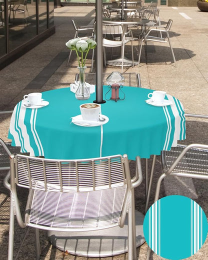 QueenKer Outdoor Tablecloth with Umbrella Hole, Farmhouse Aqua White Stripe Round Tables Waterproof Tabletop Collection for Patio, Garden, Picnic, Camping, Dining 60R