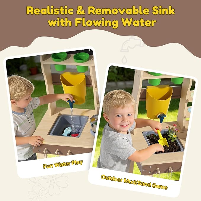 BIERUM Wooden Mud Kitchen for Kids Outdoor with Real Sink & Faucet, Green | with Real Sink, Faucet, Oven and Stove, for Water, Cooking & Planting, Perfect Outdoor Gift for Toddlers Boys Girls Ages 3+
