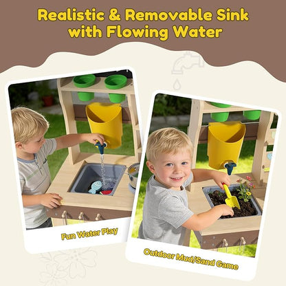 BIERUM Wooden Mud Kitchen for Kids Outdoor with Real Sink & Faucet, Green | with Real Sink, Faucet, Oven and Stove, for Water, Cooking & Planting, Perfect Outdoor Gift for Toddlers Boys Girls Ages 3+