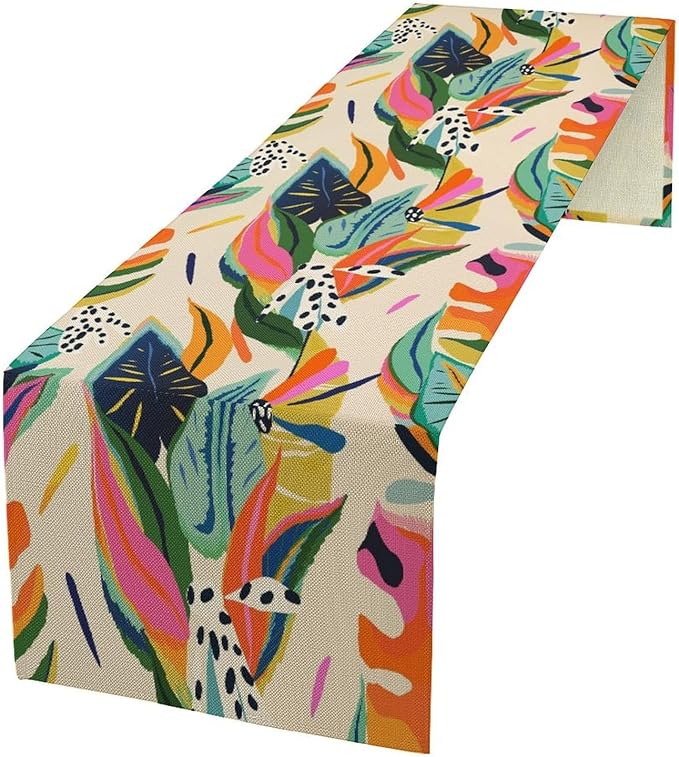 Abstract Tropical Leaves Table Runner Modern Exotic Flower Botanical Jungle Plam Tree Hawaii Plant Summer Seasonal Dinner Runner for Farmhouse Kitchen Dining Holiday Party 13x36in