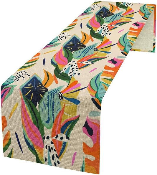 Abstract Tropical Leaves Table Runner Modern Exotic Flower Botanical Jungle Plam Tree Hawaii Plant Summer Seasonal Dinner Runner for Farmhouse Kitchen Dining Holiday Party 13x36in