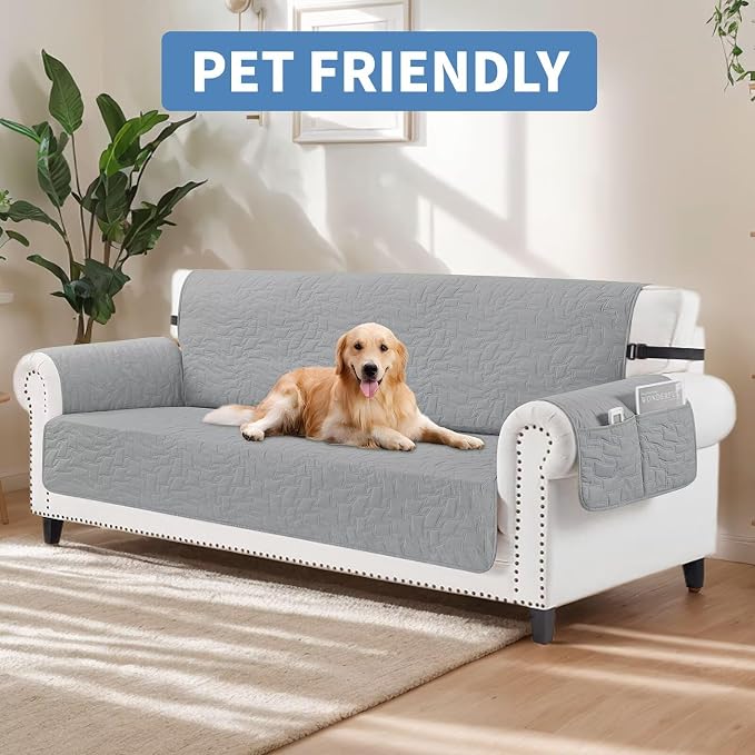 CUCRAF Non Slip Quilted Sofa Cover, Water Resistant Slipcover Furniture Protector for 1 Cushion Sofa Pet Friendly, Washable Couch Cover with Adjustable Elastic Straps (Small Recliner, Light Gray)