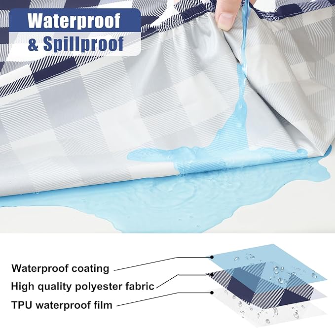 Smiry Picnic Table Cloth 2 Pack, Waterproof Elastic Fitted Tablecloths for 8FT Rectangle Tables, Washable Polyester Buffalo Plaid Tablecloth for Camping, Dining & Outdoor (Navy & White, 30" x 96")