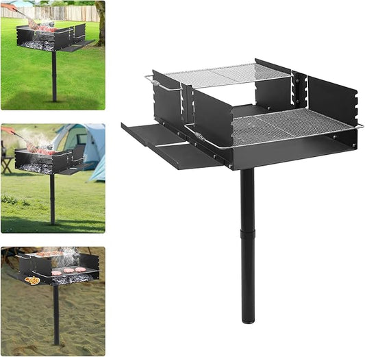 Large Park-Style Charcoal Grill, 40x25.5x52.5 Inch Single Post Outdoor Grill Heavy Duty Steel Barbecue Griddle with Adjustable Height Grate for Backyard BBQ Camping