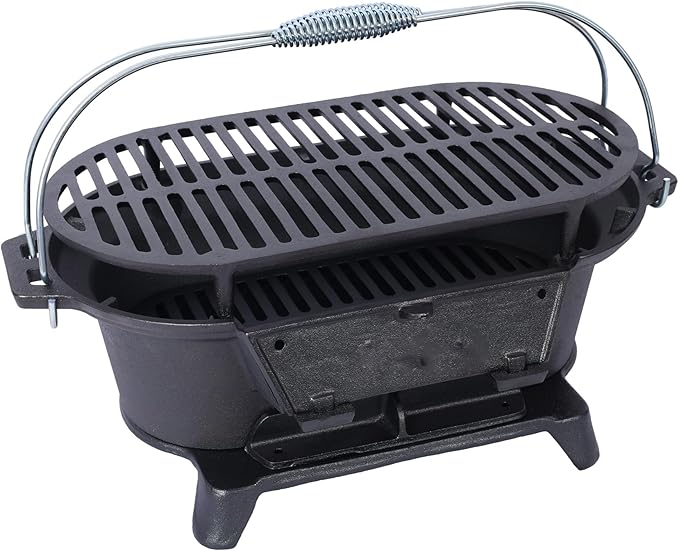 Cast Iron Hibachi Grill & Skillet Combo, Portable Charcoal Hibachi Grills, Compact Camping Charcoal Cooker for Tailgating, Picnics & Hunting (A)