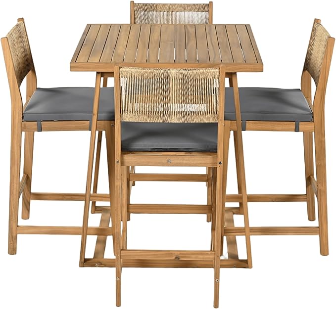 Christopher Knight Home Barron 5-Piece Acacia Wood Patio Bar Set, Patio Bar Table and Stools Set, Soft Seat Cushions, Rattan/Wicker Dining Set for Garden, Backyard, Poolside, Balcony,Teak + Dark Gray